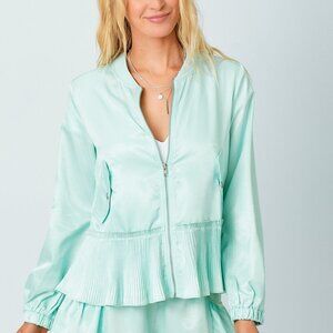 MYSTREE Mint Green Pleated Hem Bomber Jacket, Satin Zip-Up Lightweight Jacket